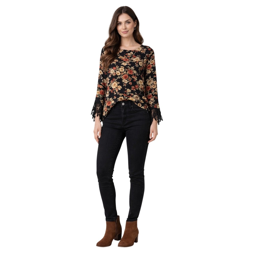 Glamorous Floral‎ Long Sleeve Blouse Black Rose Print Crochet Lace Cuff Size 10
